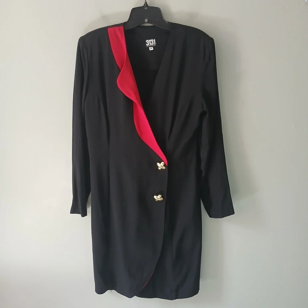 Vintage‎ 3131 1980's Women's Size 8 Midi Wrap Dress Gold Button Shoulder Pads